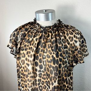 EUC Express Animal Print Sheer Short Sleeve Cap Sleeve Blouse Top